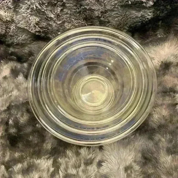 Pyrex clear glass vintage MCM nesting mixing bowls with blue ribbons & flowers. - Picture 2 of 15